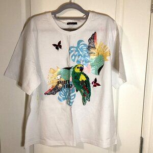 RIVA Women’s White T-Shirt Tee Top Size L With Parrot Tropical Summer Vacation